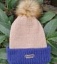 Beige and Royal Blue Ladies' Knitted Bobble Hat - Handmade with Faux Fur Pom Pom - Image 1