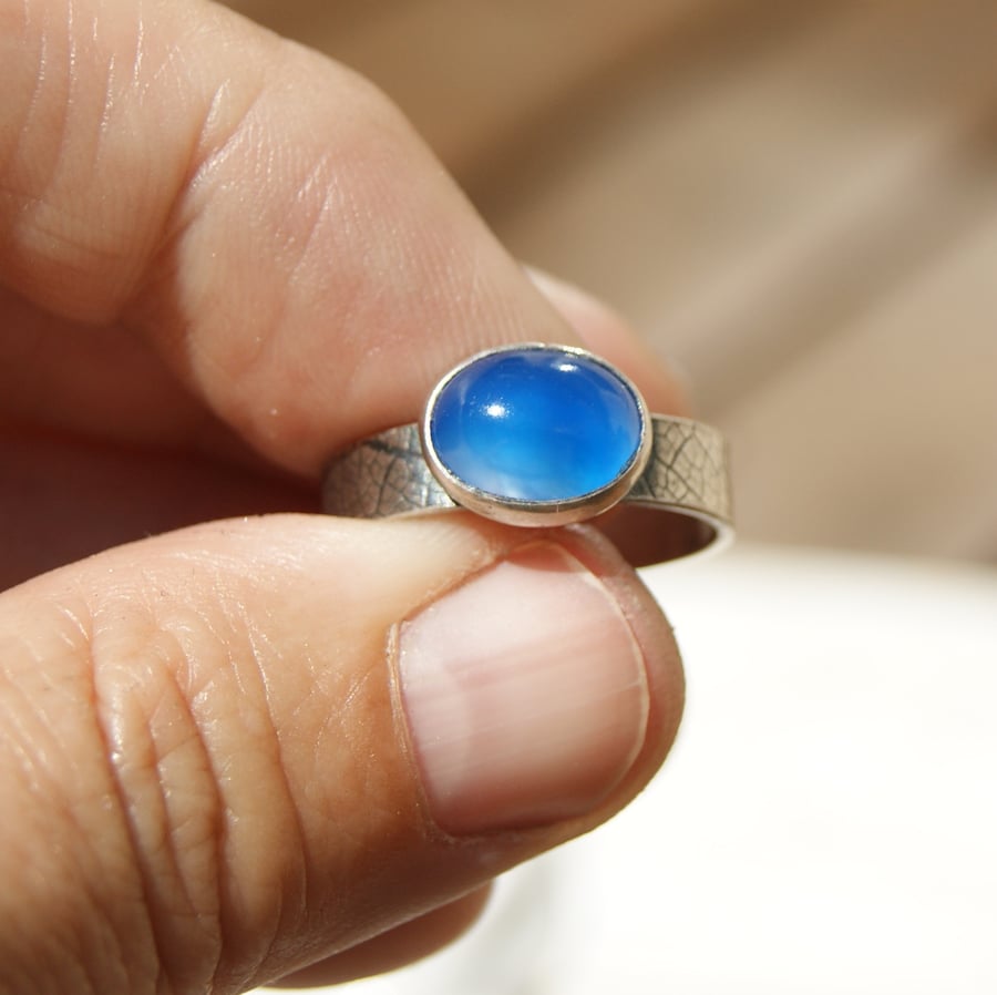 Blue Onyx Silver Ring, Leaf Print Ring