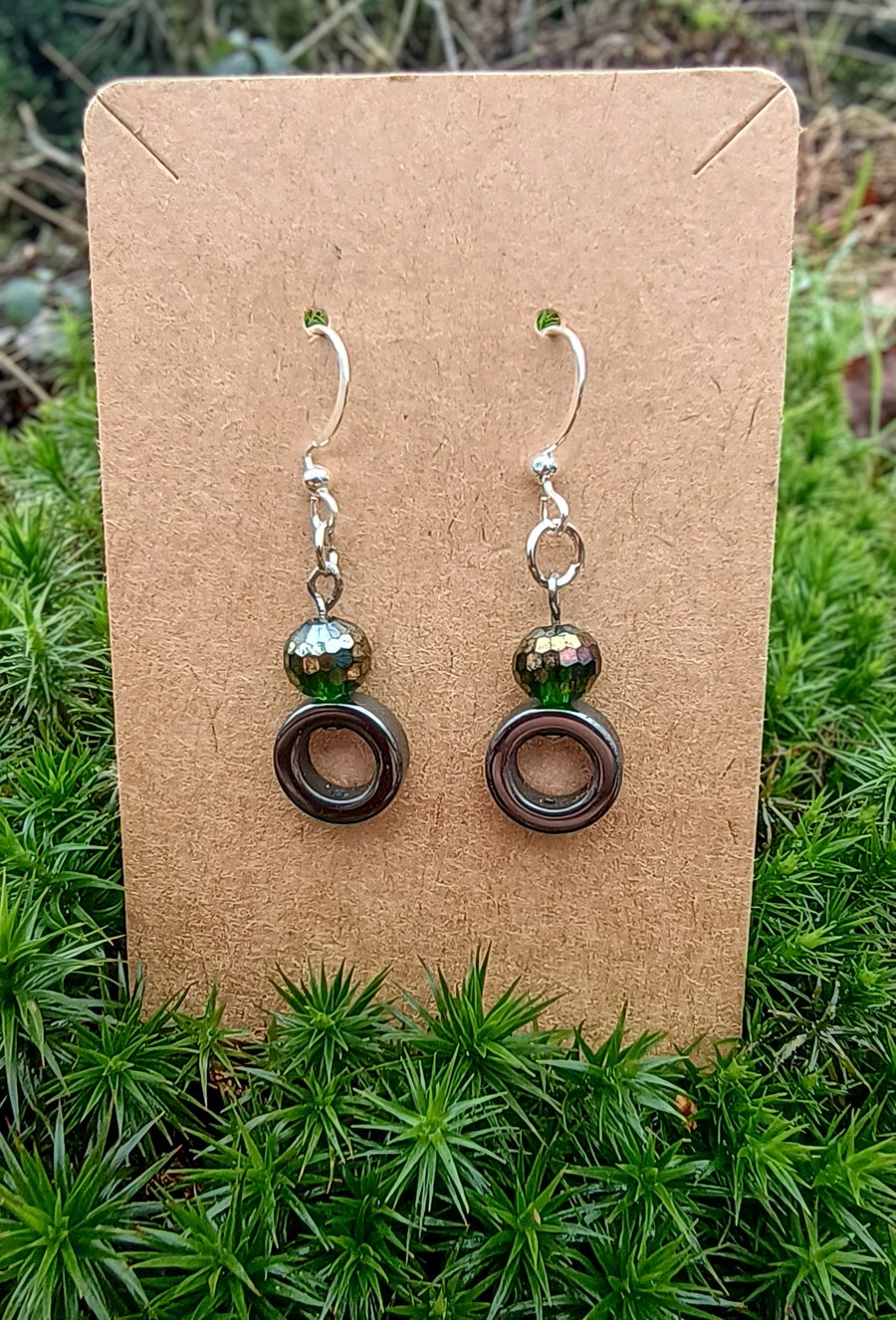 "Black Hole Sun" - Sterling silver hook earrings with sparkle & haematite beads