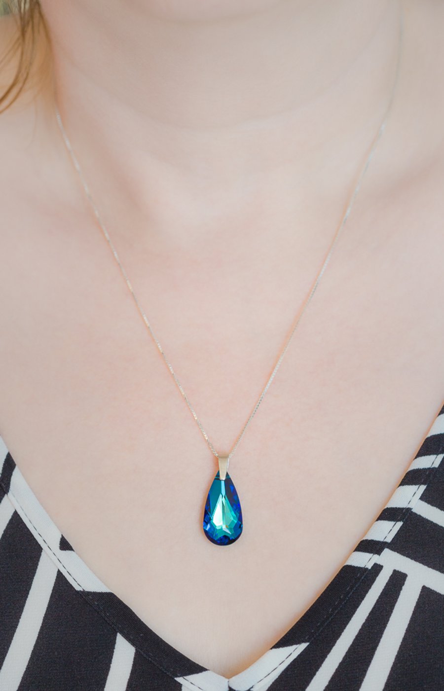 Blue Swarovski Drop Pendant on Sterling Silver Chain