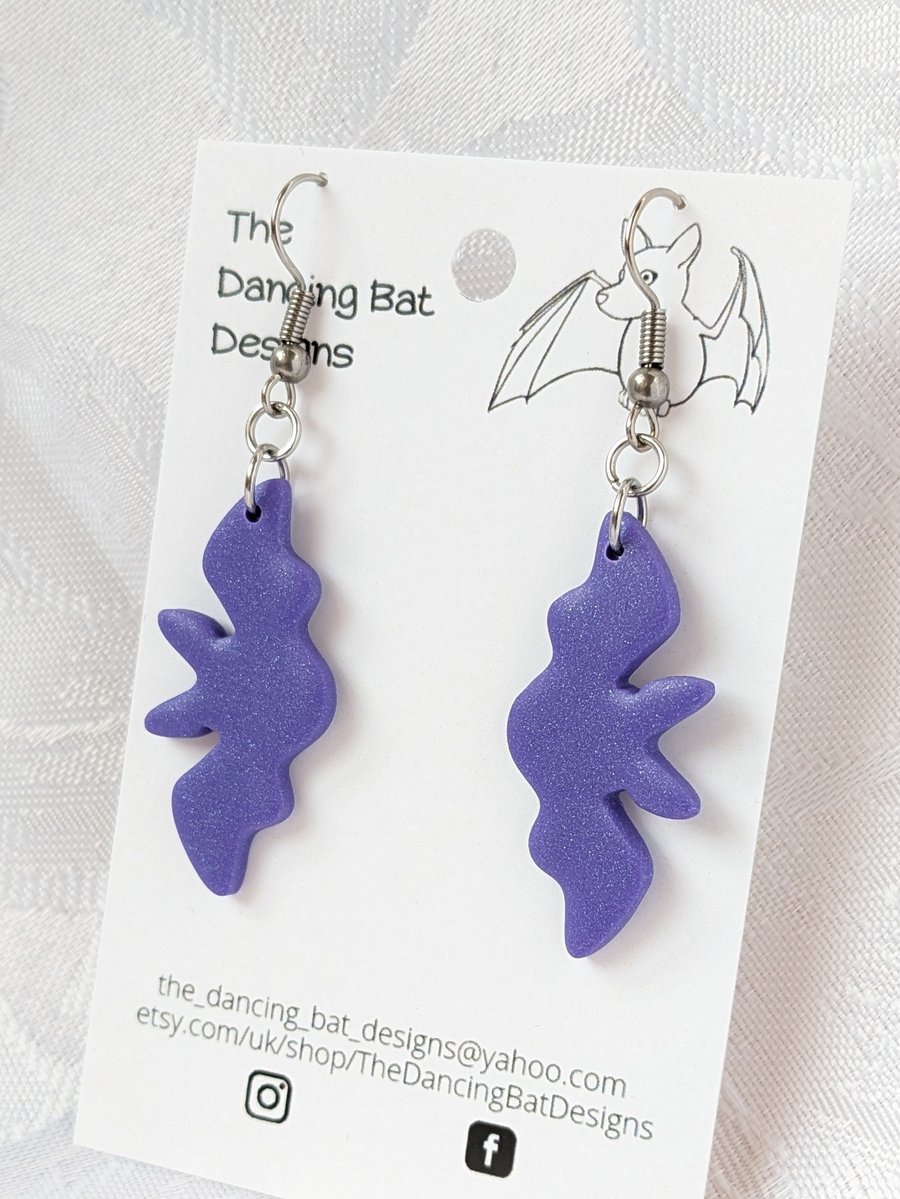 Medium Purple Bats Dangle Earrings, Polymer Clay Jewellery