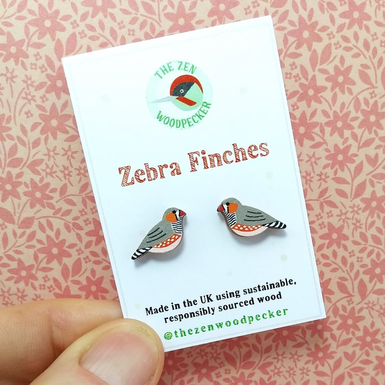 Zebra Finch Earrings, Wooden Bird Studs, Silver Plated or Sterling Silver Backs