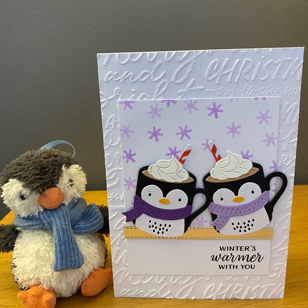 Handmade Christmas Card – Winter is Warmer With You - Penguin Mug Christmas Card