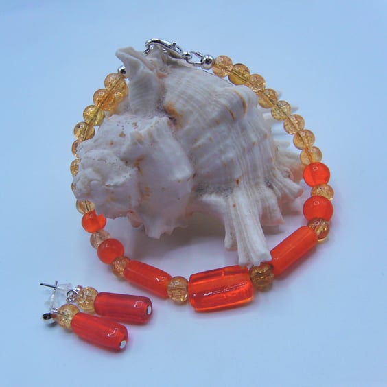 Orange & Yellow Bead Bracelet & Earrings Set, Gift for Her, Bracelet & Earrings
