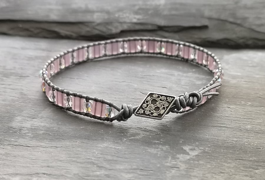 Soft lilac and silvery grey leather and glass bead bracelet 