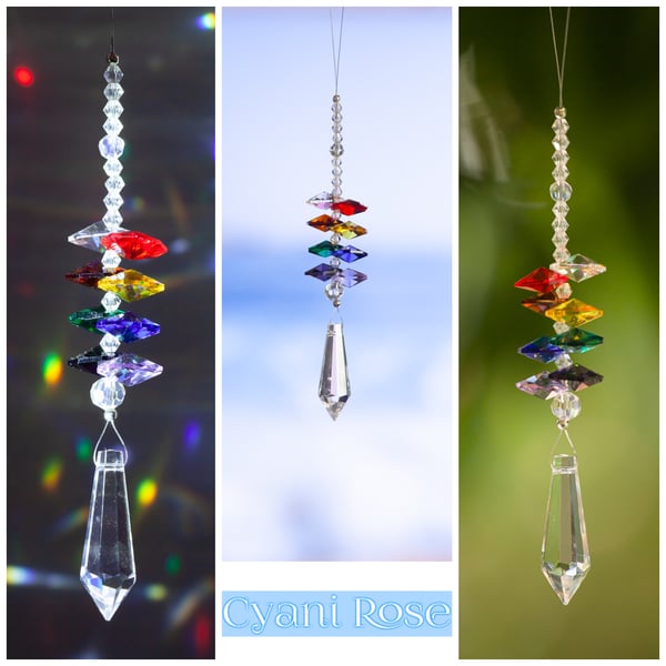 Suncatcher hanging window decoration with pointed prism and rainbow octagons