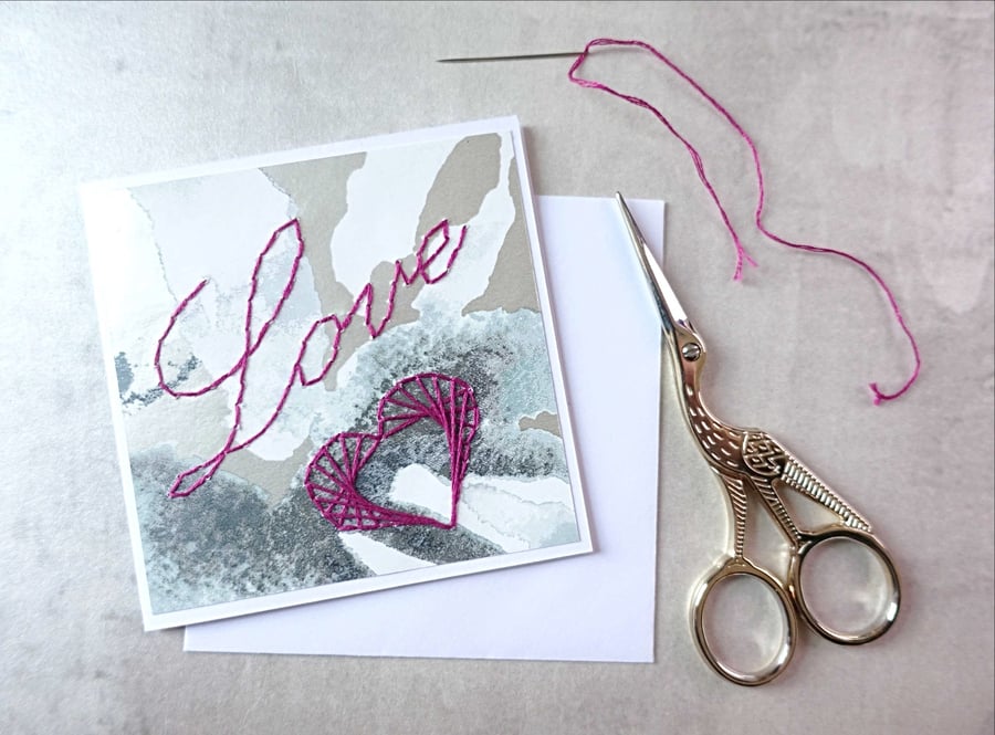 SALE Love Stitched Card, Love Wedding Card, Heart Love Card