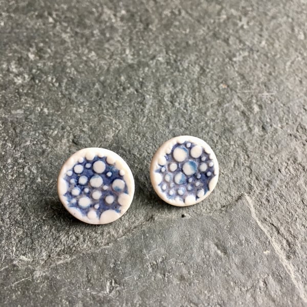 Porcelain earrings studs, spotted indigo blue silver 925 The Porcelain Menagerie
