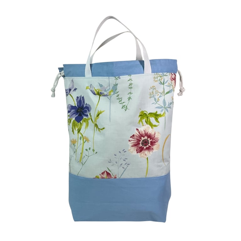 XXL drawstring knitting bag with floral print, supersized tote
