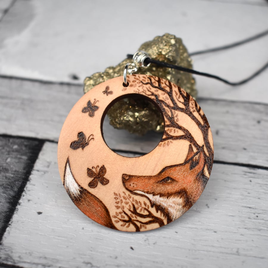 Fox and butterflies. Pyrography wood wildlife pendant necklace.