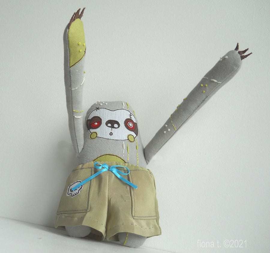 hand embroidered freemotion embroidery zombie sloth silk pyjamas green