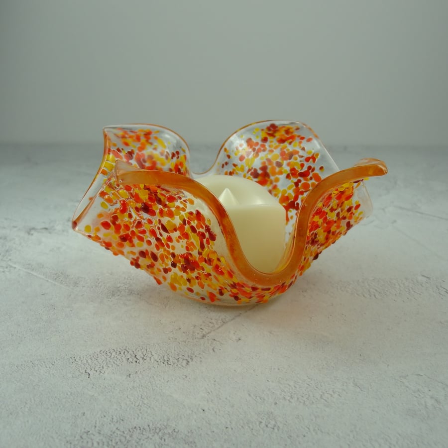 Red & orange textured fused glass tealight holder LED flickering flame candle