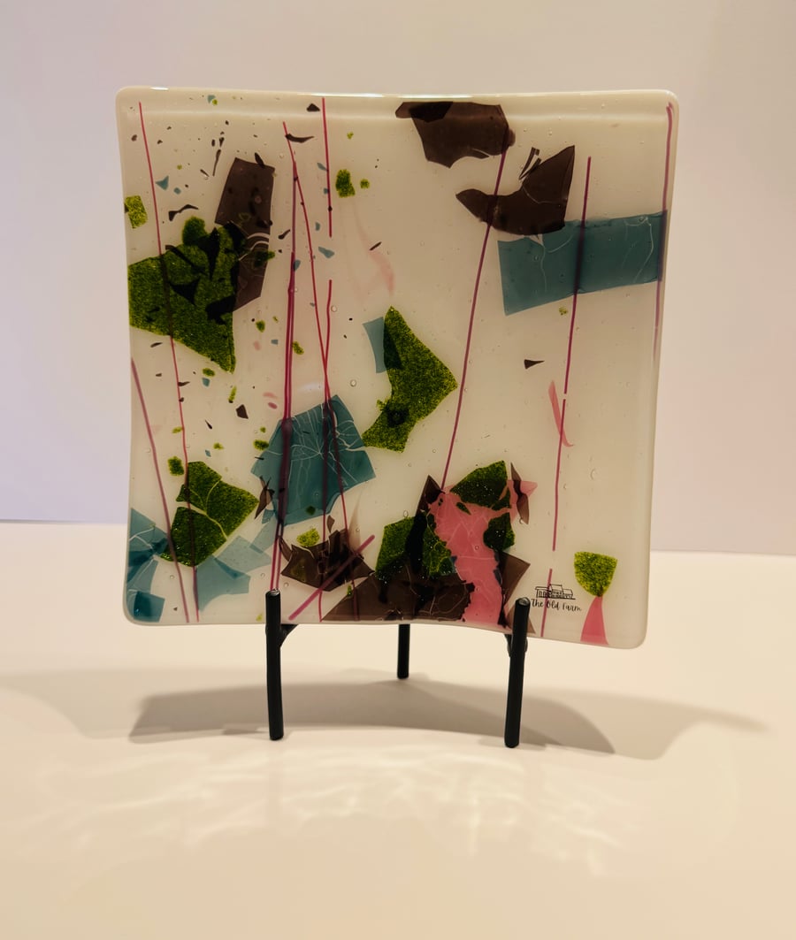 A Beautiful Handmade White, Green, Pink and Blue Glass Fused Plate 