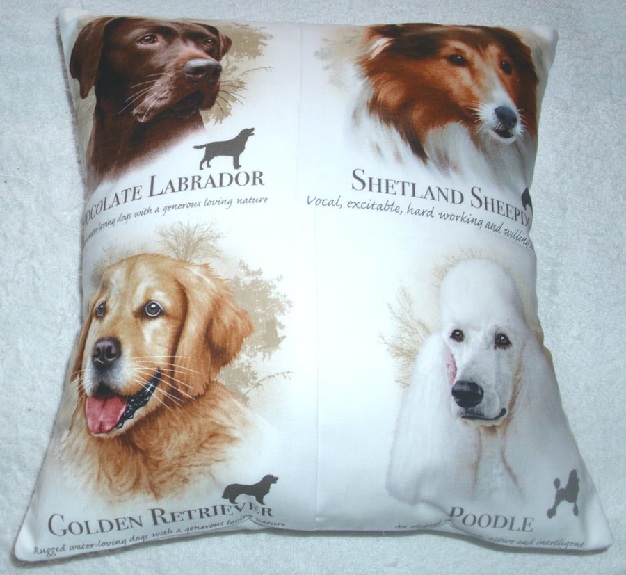 Chocolate Labrador, Sheltie, Golden Retriever and Poodle portraits cushion