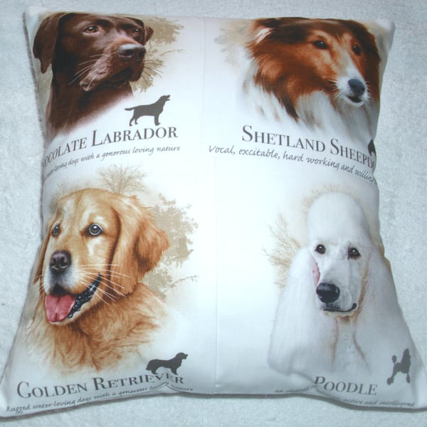 Chocolate Labrador, Sheltie, Golden Retriever and Poodle portraits cushion