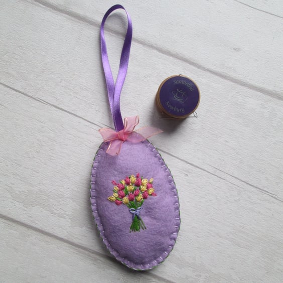 Hand Embroidered Felt Easter Egg Decoration, Spring Decoration, Tulips on Lilac