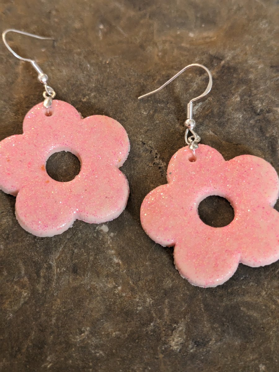 Pink glittery large flower dangles 
