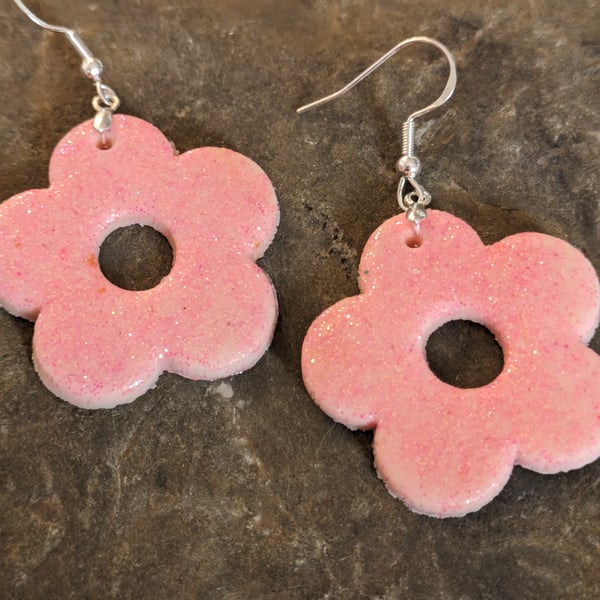 Pink glittery large flower dangles 