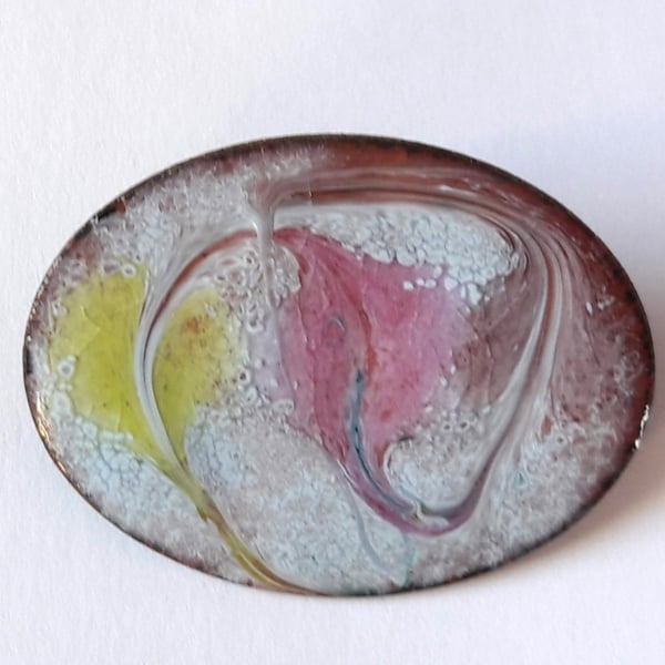 brooch - oval scrolled pink and gold on white over clear
