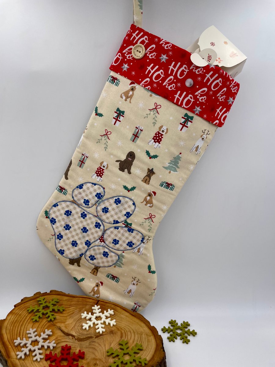 Pet dog Christmas stocking appliqué paw print