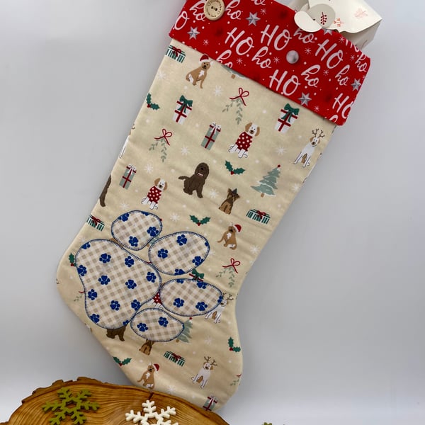Pet dog Christmas stocking appliqué paw print