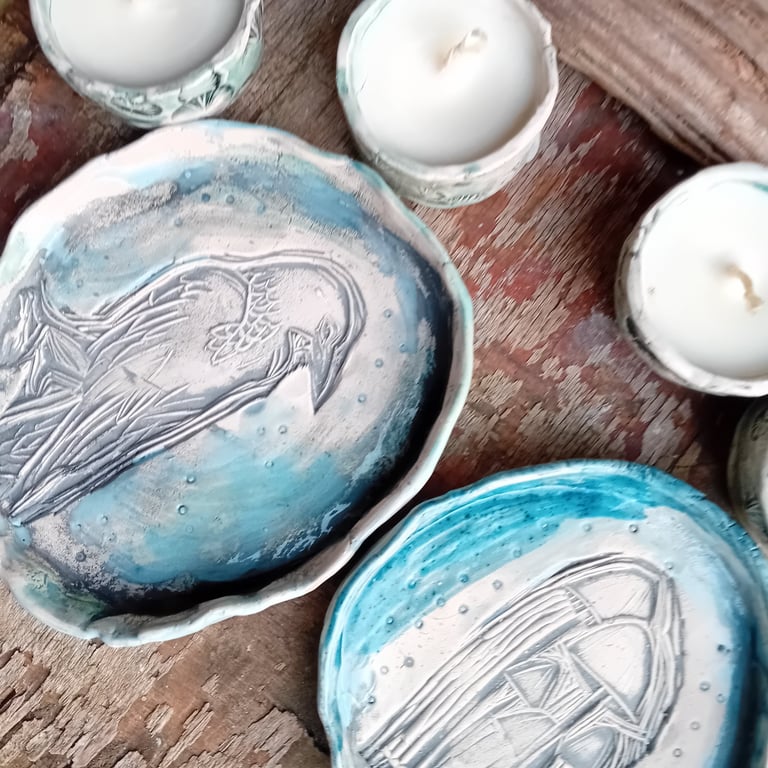 Crow ceramic ring dish, trinket plate, rustic stoneware saucer soft blue, bird, 