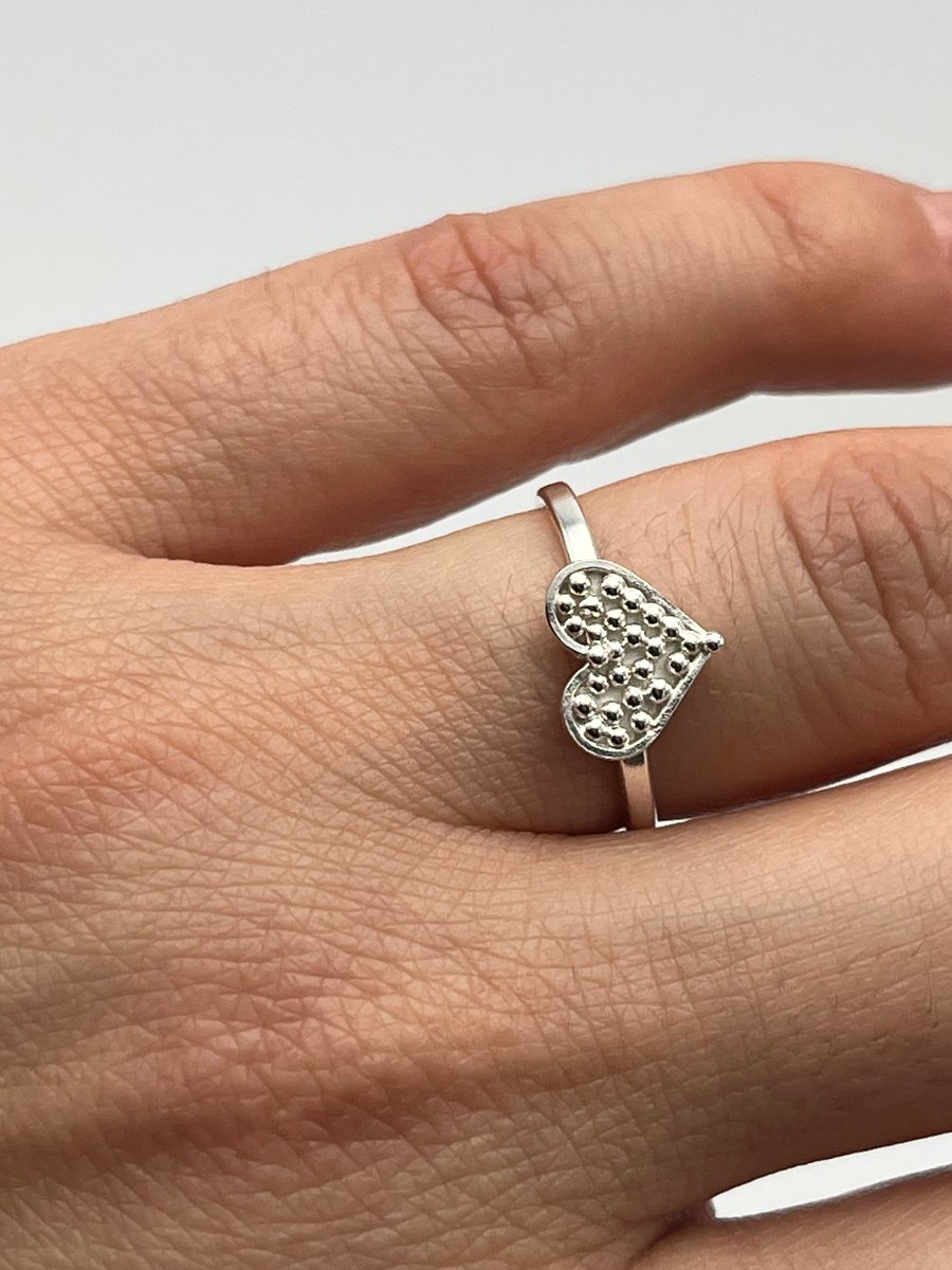 Sparkling Sterling Silver Heart Ring, Granulation Ring Handmade with Love, 