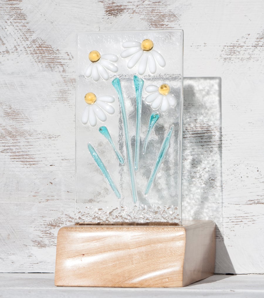 Fused Glass Daisy Panel mounted in a Handcrafted Sycamore Tea Light Holder