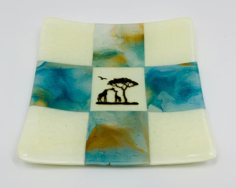 A Beautiful turquoise, Cream and Golden Brown patchwork glass bowl with Safari