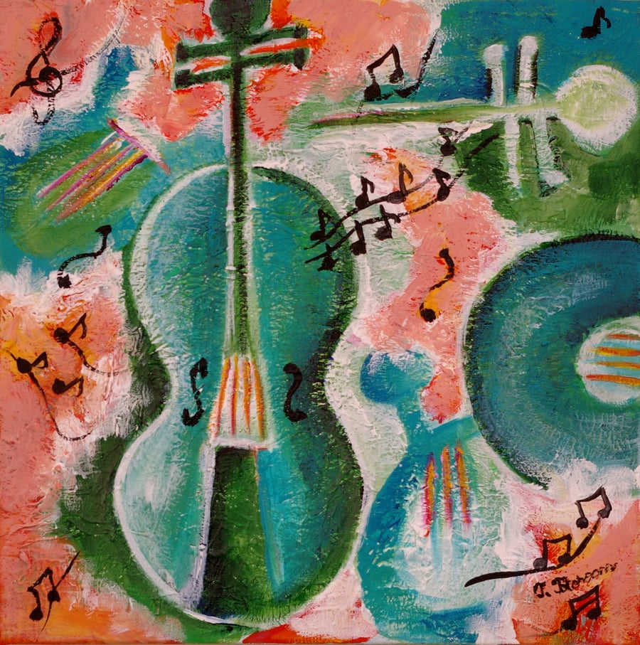 Music Violin Painting, Turquoise and Pink Original Art, Mixed Media Abstract Art