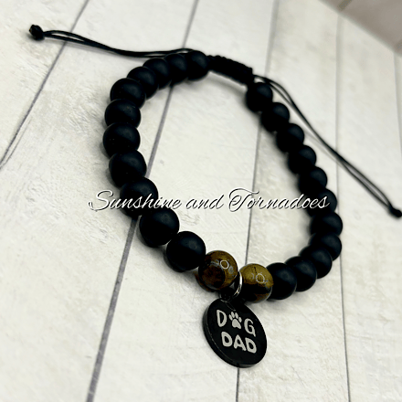 Handmade Dog Dad Bracelet - Obsidian & Tiger's Eye Gemstone - Adjustable Closure
