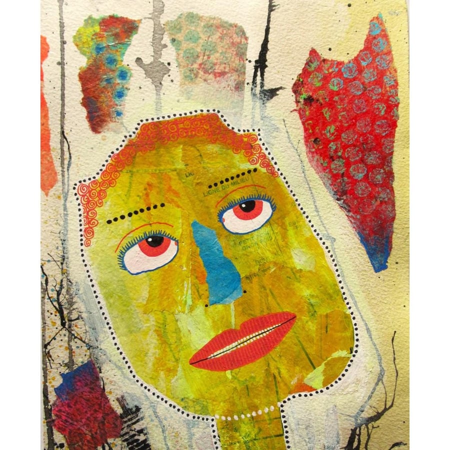 Outsider Art Portrait Painting Yellow Face Mixed Media Collage Artwork 8x10"