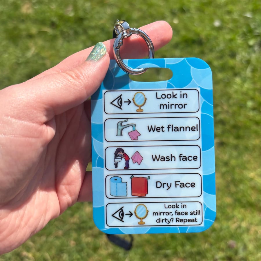 Image of Blue Wash Face Routine PVC Card 5 Step Visual Checklist Lanyard Friendly