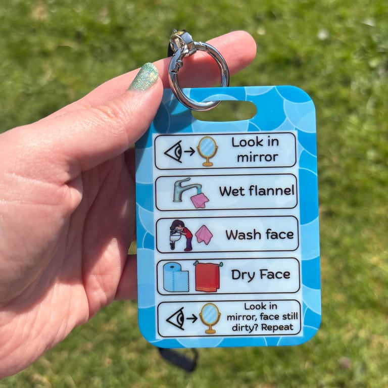 Blue Wash Face Routine PVC Card 5 Step Visual Checklist Lanyard Friendly