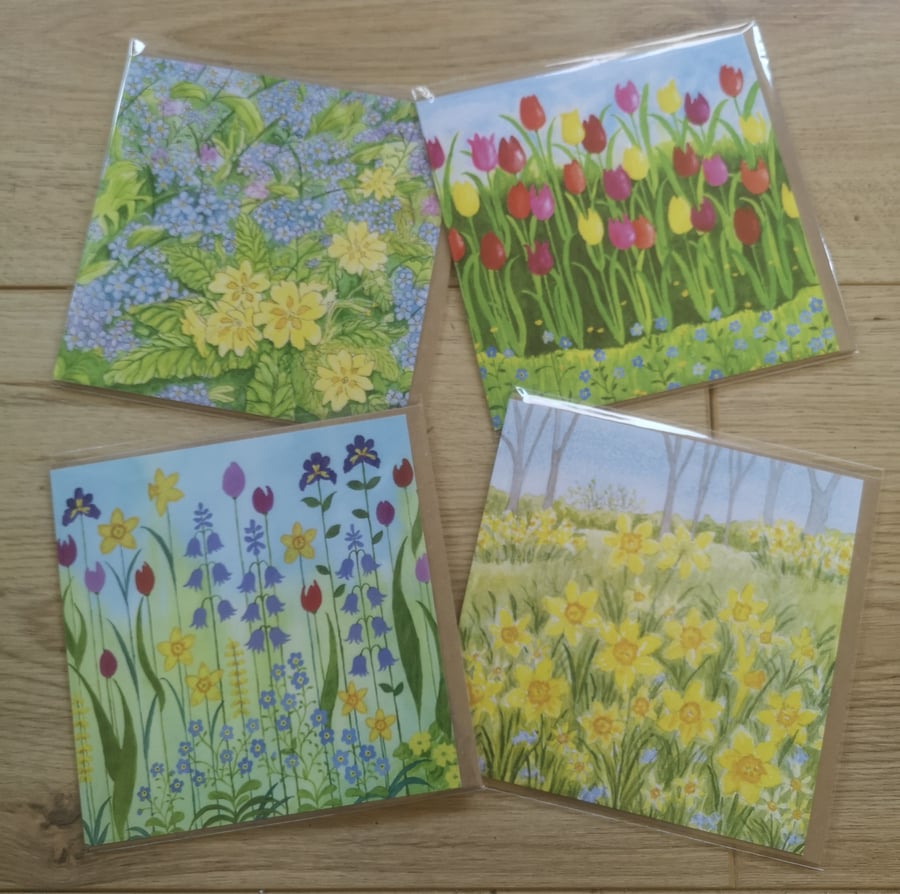 Four spring flowers greetings cards