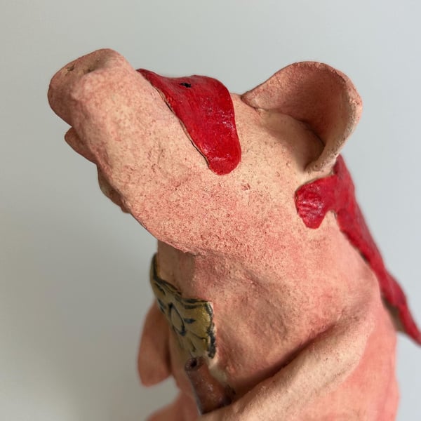 Hand-Built Ceramic Super Pig Sculpture, Fancy Dress Decor
