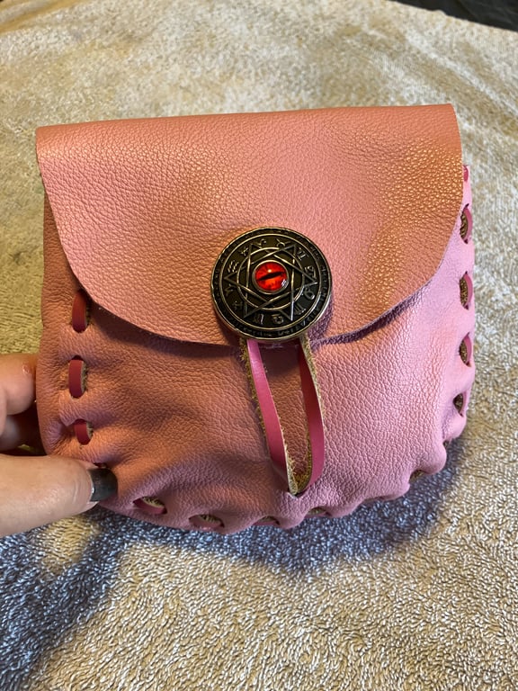Bubblegum Pink Medieval Style Leather Pouch with Mystical Cat Eye Closure