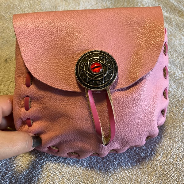 Bubblegum Pink Medieval Style Leather Pouch with Mystical Cat Eye Closure