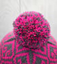 Hand Knitted Pink & Grey Bobble Hat – Fleur de Lis Design – Extra Small Adult - Image 3