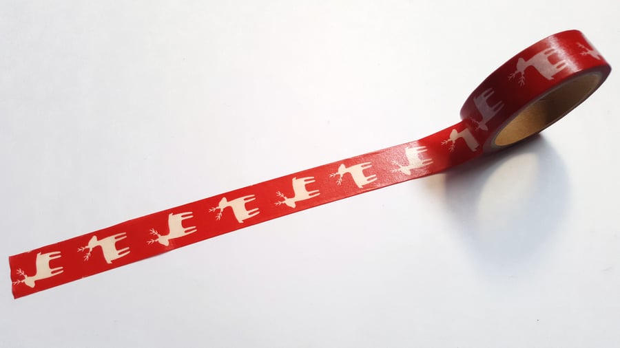 1 x 5m Roll Adhesive Craft Washi Tape - 15mm - Christmas - Reindeer - Red 