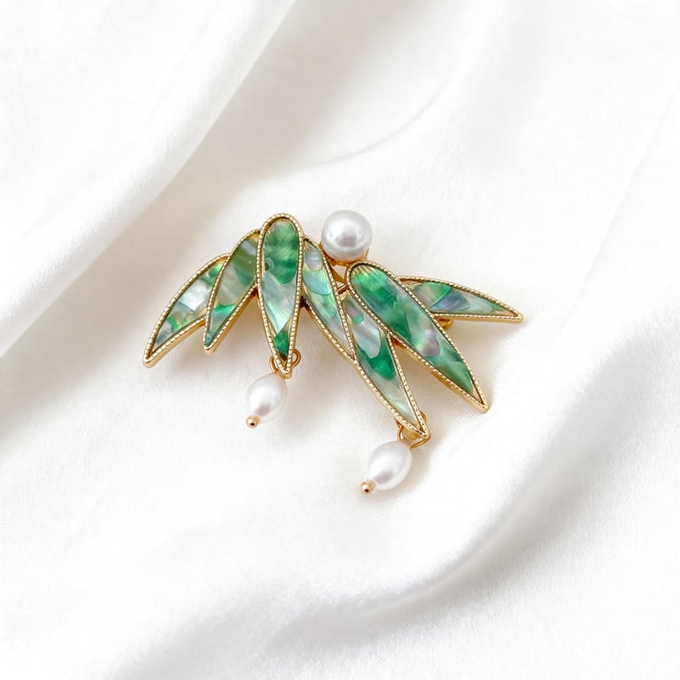 Bamboo Leaf Shell Brooch with Faux Pearls – Green & Gold Resin Pin