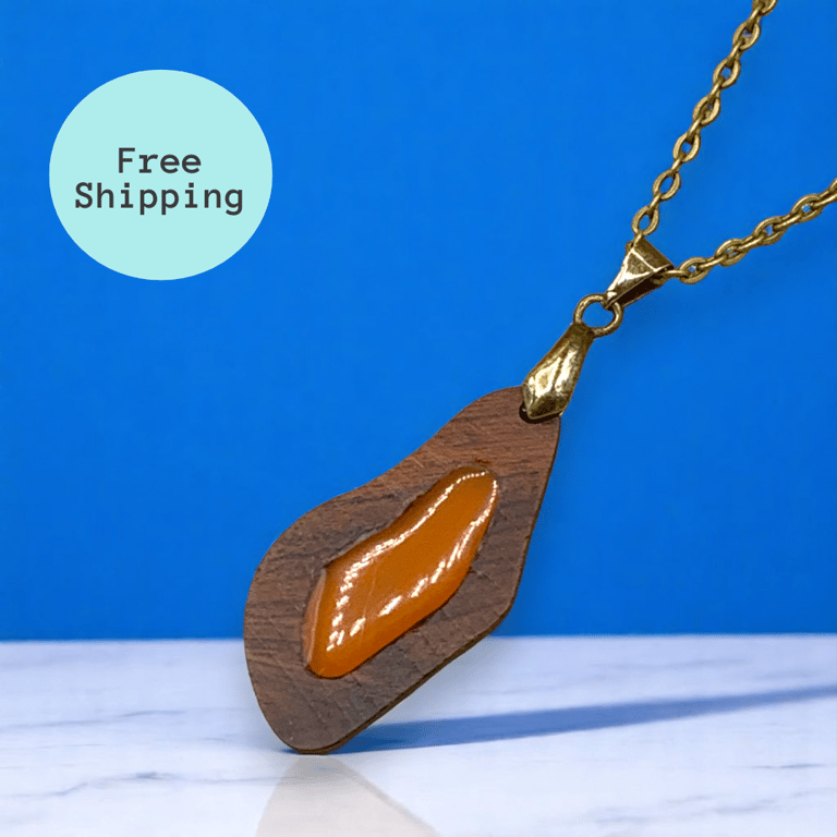 Resin & Wood Pendant Necklace - Orange Abstract Design, Lightweight Brass Chain