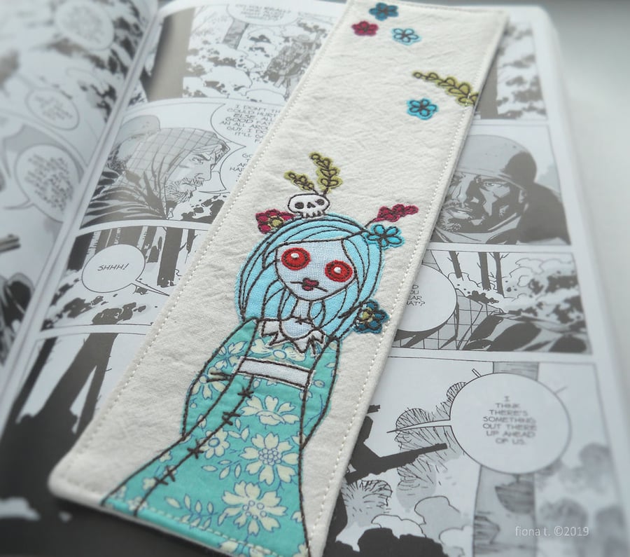 free motion embroidered zombie fabric bookmark - blue