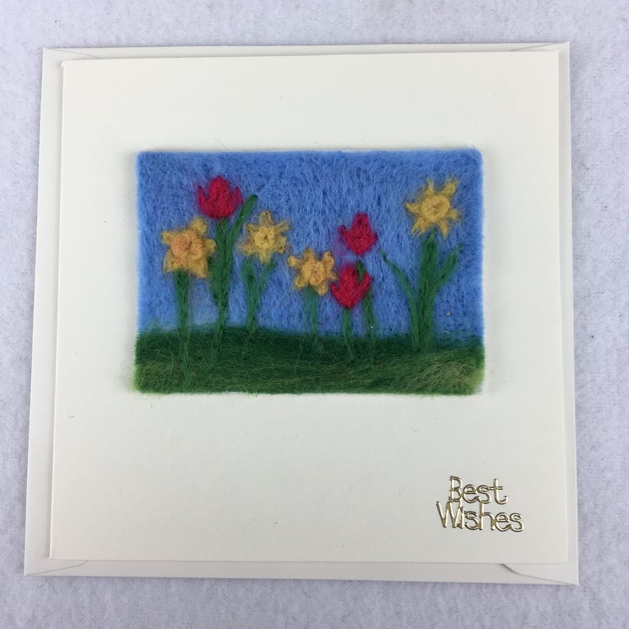 ACEO greeting card, needle felted daffodils and tulips, removable aceo
