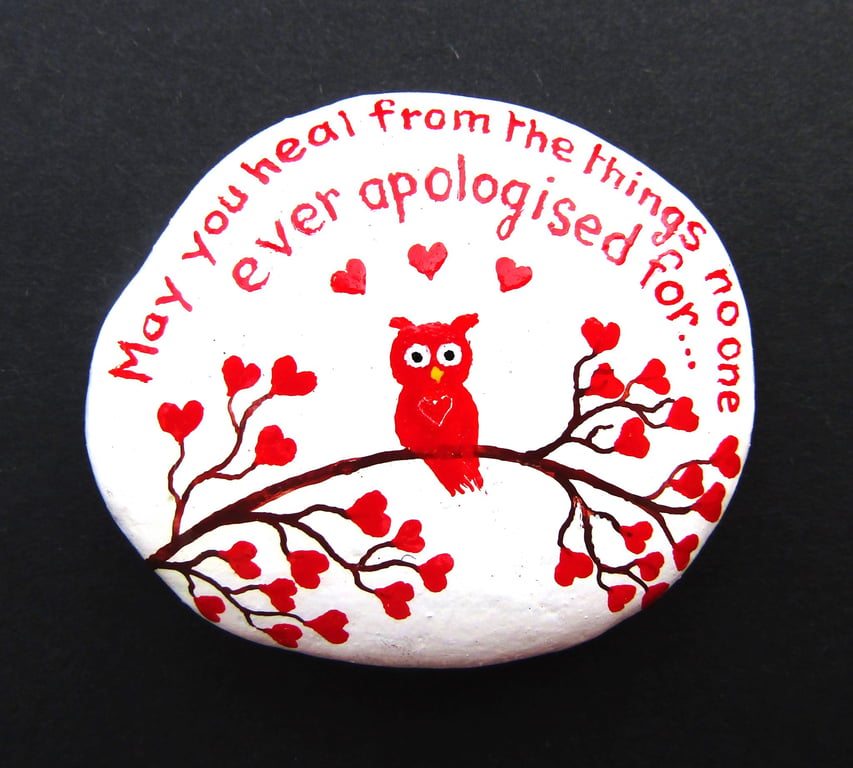 Healing Gift, Painted Owl Pebble, Kindness Rock, Stone Art, Words Painting Heart