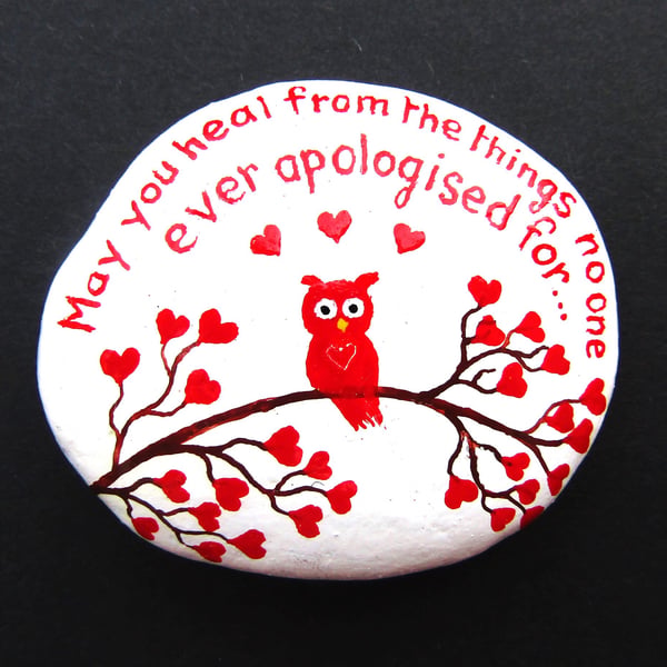 Healing Gift, Painted Owl Pebble, Kindness Rock, Stone Art, Words Painting Heart
