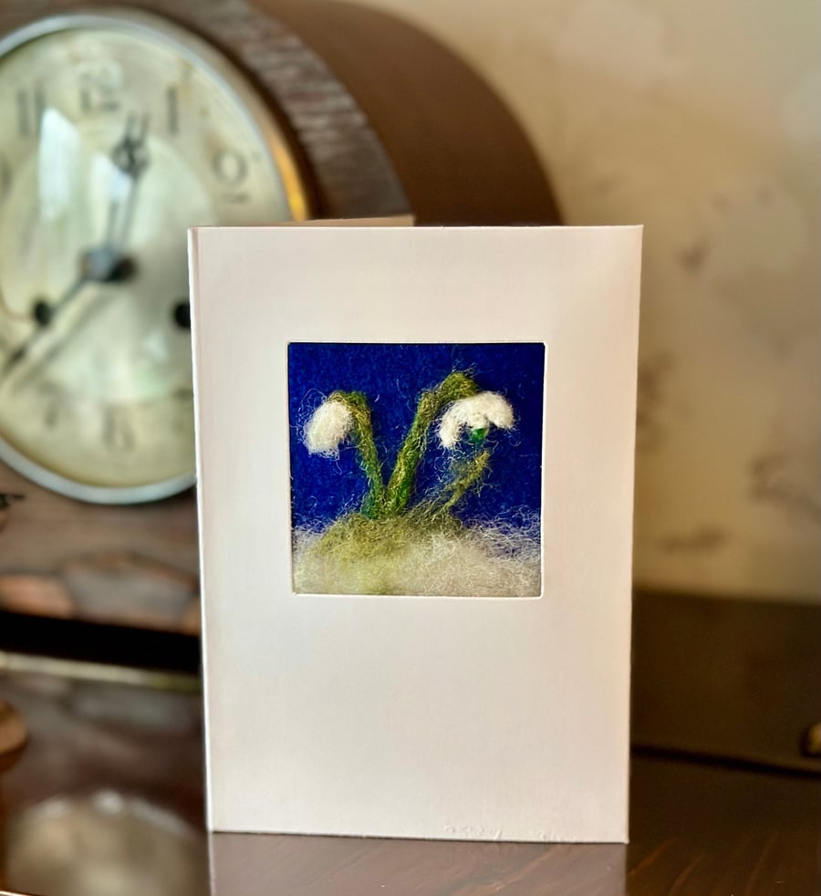 Needlefelted Snowdrops Greetings Card for Flower and Nature Lovers. Sympathy car