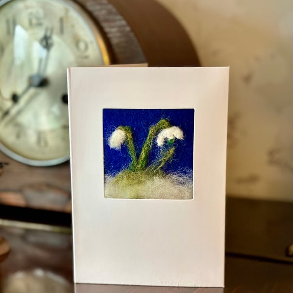 Needlefelted Snowdrops Greetings Card for Flower and Nature Lovers. Sympathy car