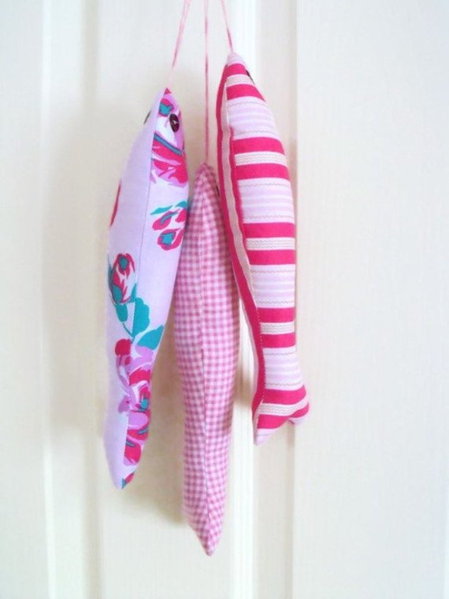set of three decorative plush hanging fish for your home, pink