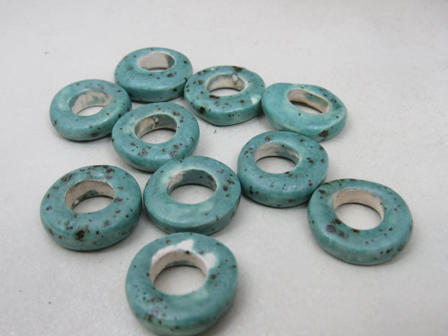 10 Medium Eggshell Blue Glazed Ceramic Donut Beads